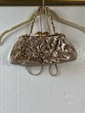 Kate Landry Champagne Satin Rosette Evening Clutch with Gold Chain